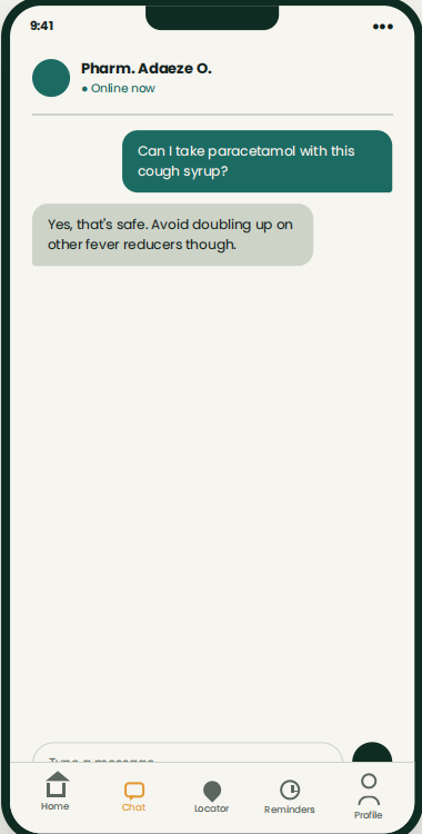 WellNaija app chat screen showing a licensed pharmacist answering a medication question