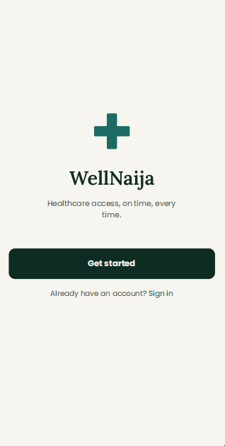 WellNaija app welcome screen with the brand mark and a Get started button